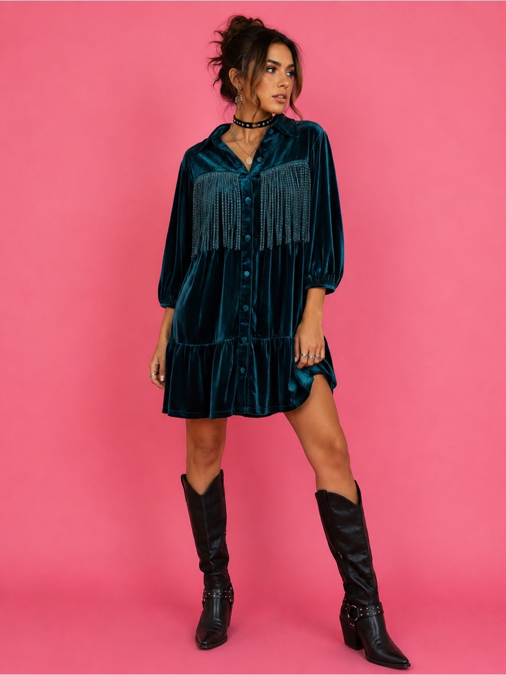 Teal Velvet Stud Fringe Country Concert Midi Dress